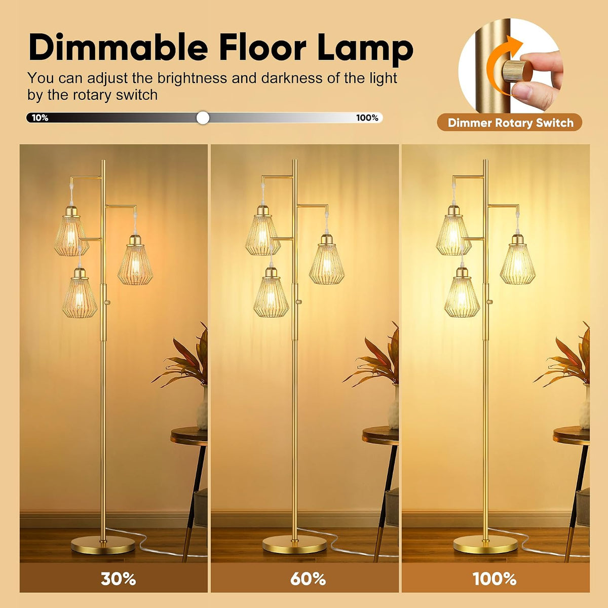 QiMH 68" Gold Floor Lamp for Living Room, Industrial Tree Tall Lamps