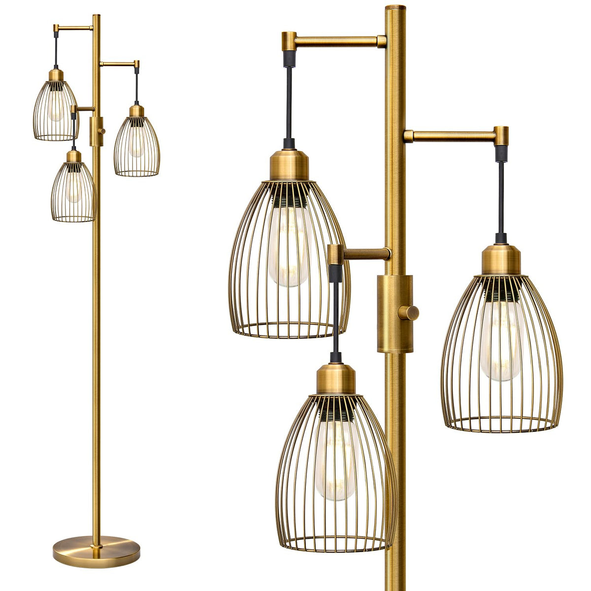 Dimmable Floor Lamp, Industrial Floor Lamps for Living Room, Gold Tree Lamp Standing Lamp Tall Lamps with 3 Elegant Teardrop Cage Head & 800 Lumens LED Bulbs for Living room Bedroom Office Dining Room