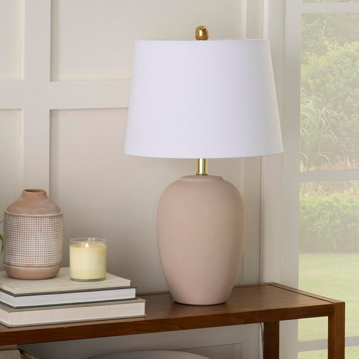 Nourison Home 23" Greyish Brown Earth Tone Rustic Farmhouse Ceramic Table Lamp for Bedroom, Living Room, Dining, Office, with Beige Linen Shade