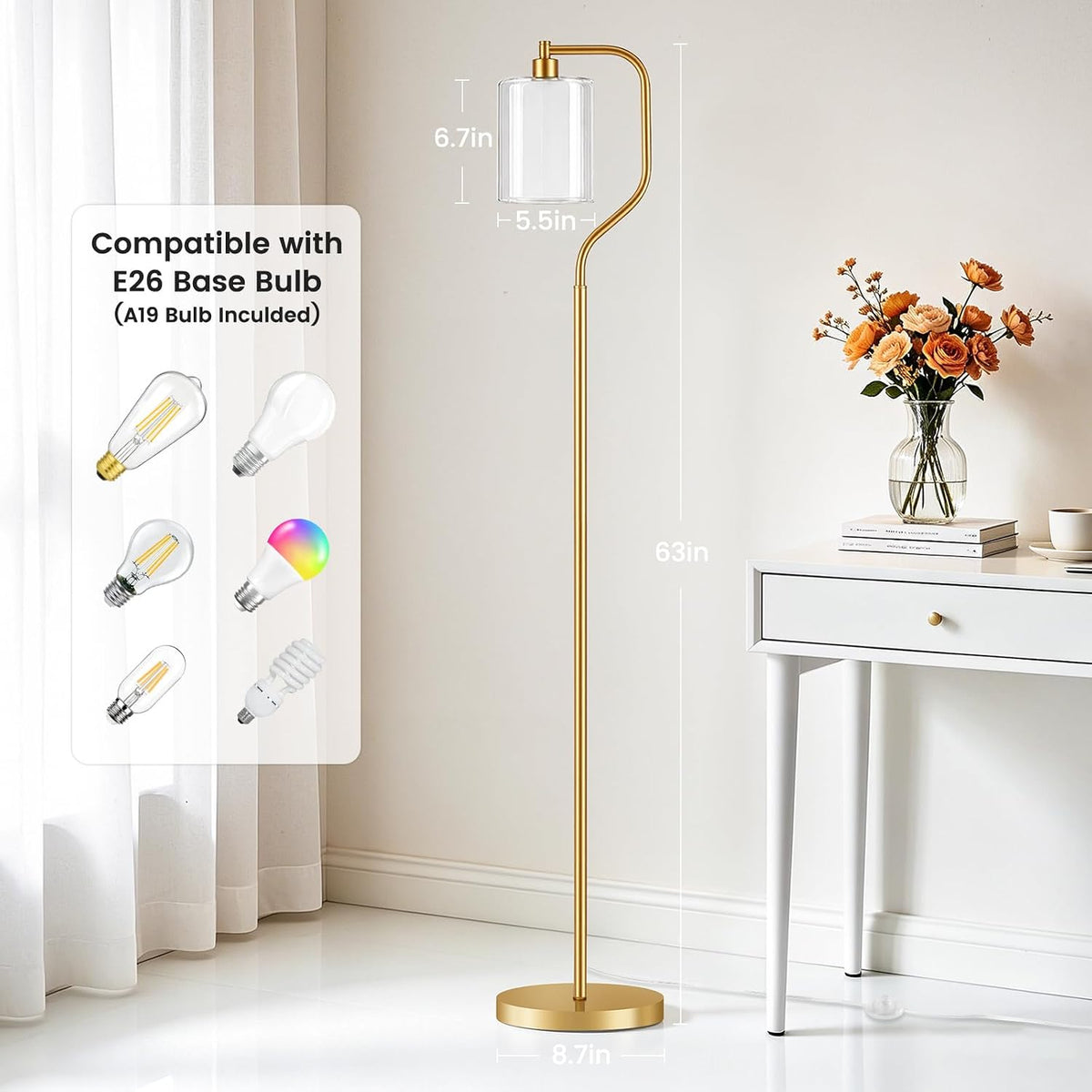 SIBRILLE Dimmable Gold Floor Lamp with Double Glass Shade