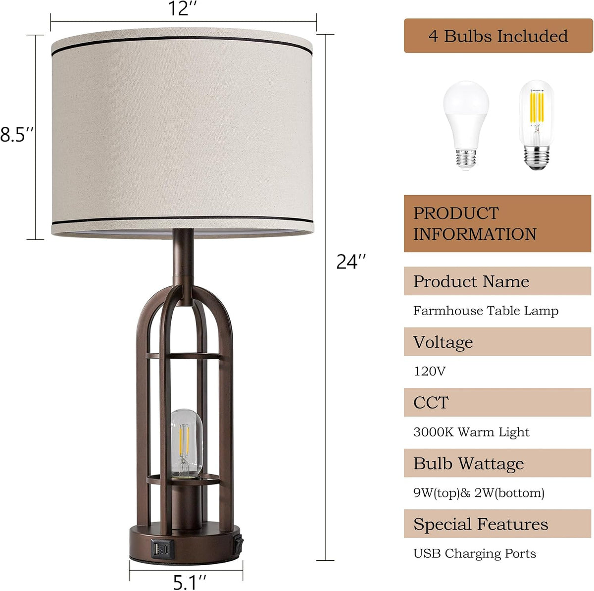 SRJJA 24" Farmhouse Table Lamps for Living Room Bedroom Set of 2, USB A+C