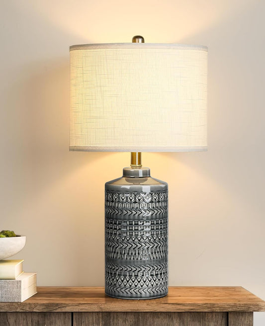 Modern Ceramic Table Lamp, 24.5" Living Room Lamps 3-Way Dimmable Gray Nightstand Lamp with White Shade|Tall Bedside Lamp Desk Decor Lamps for Bedrooms Farmhouse Office End Table Lamps(Bulb Included)