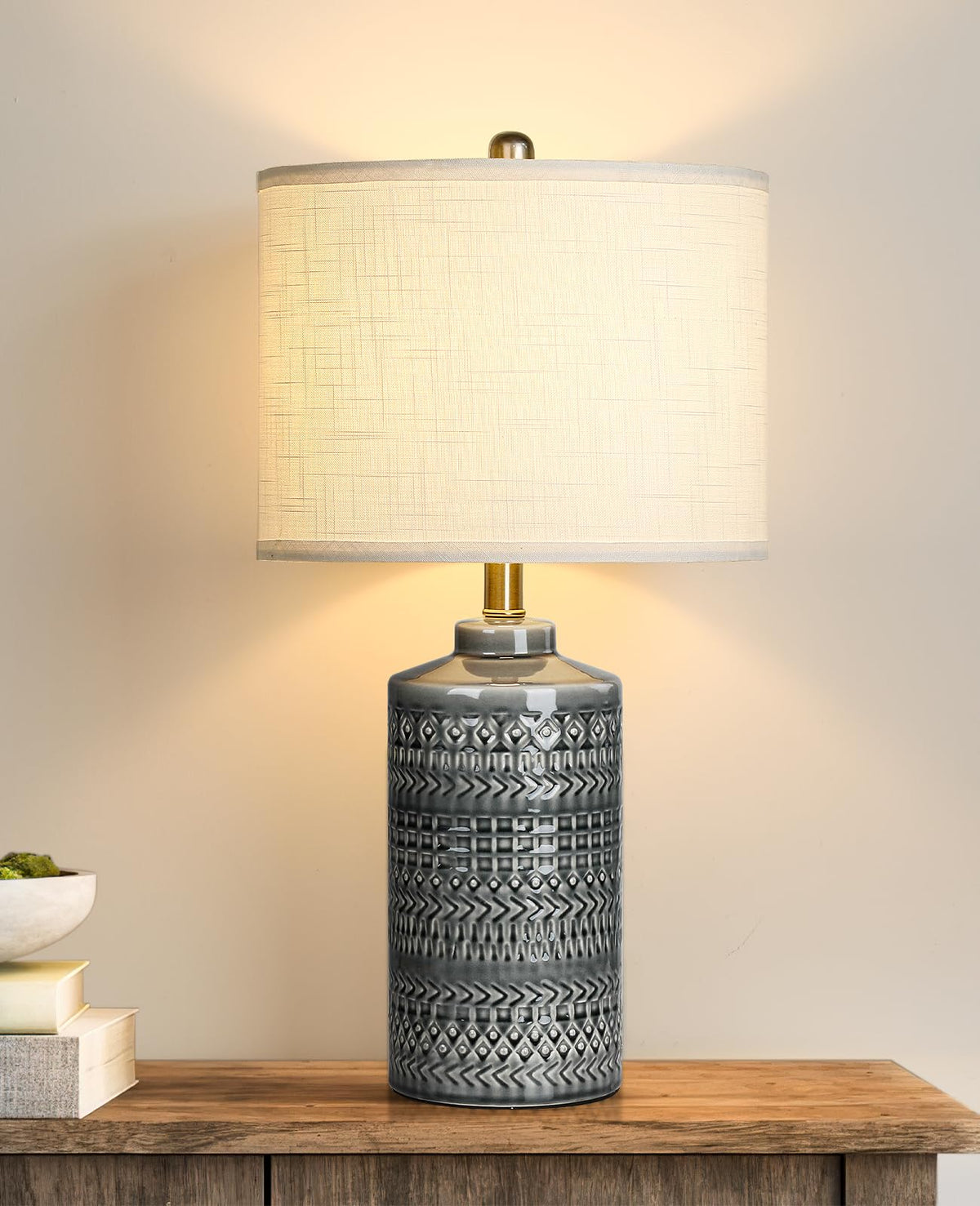 Modern Ceramic Table Lamp, 24.5" Living Room Lamps 3-Way Dimmable Gray Nightstand Lamp with White Shade|Tall Bedside Lamp Desk Decor Lamps for Bedrooms Farmhouse Office End Table Lamps(Bulb Included)