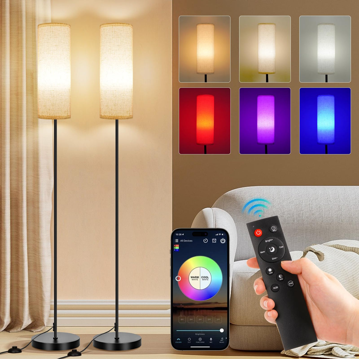 FRIDEKO HOME Floor Lamp, 9W 800LM Color Changing Smart Bulb, Beige Shade