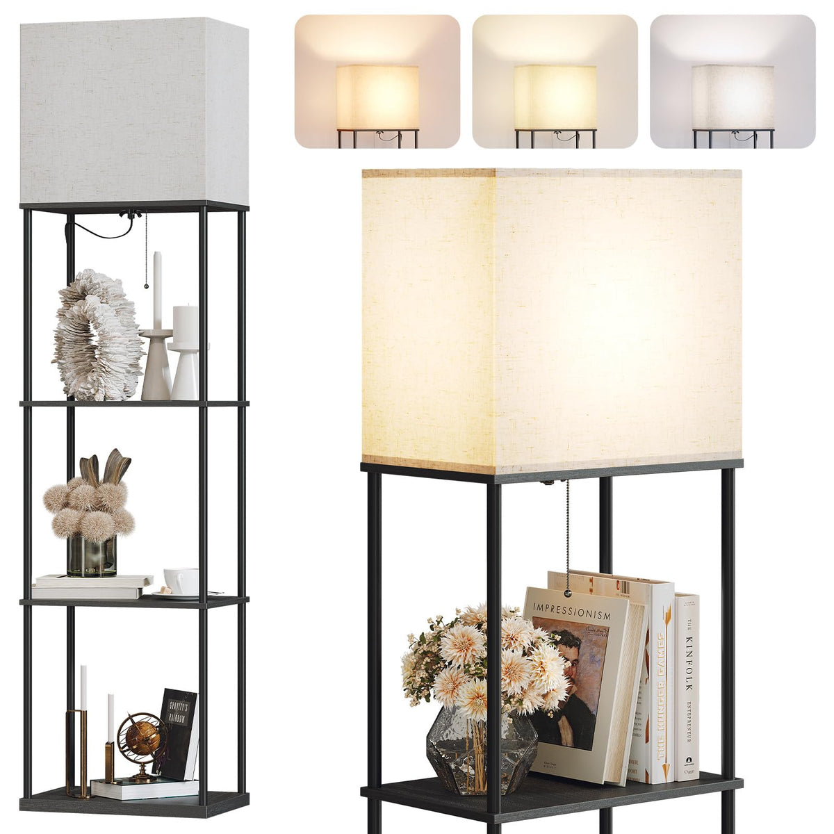 SUNMORY Floor Lamp with Shelves, Standing Lamps for Living Room, Black