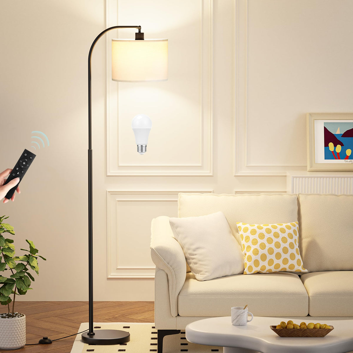 Ambimall Arc Floor Lamp with Remote and Stepless Dimmable Bulb, Colors Temperature & Brightness Adjustable, Gold Floor Lamps for Living Room(Deep Beige Shade & Gold Pole)