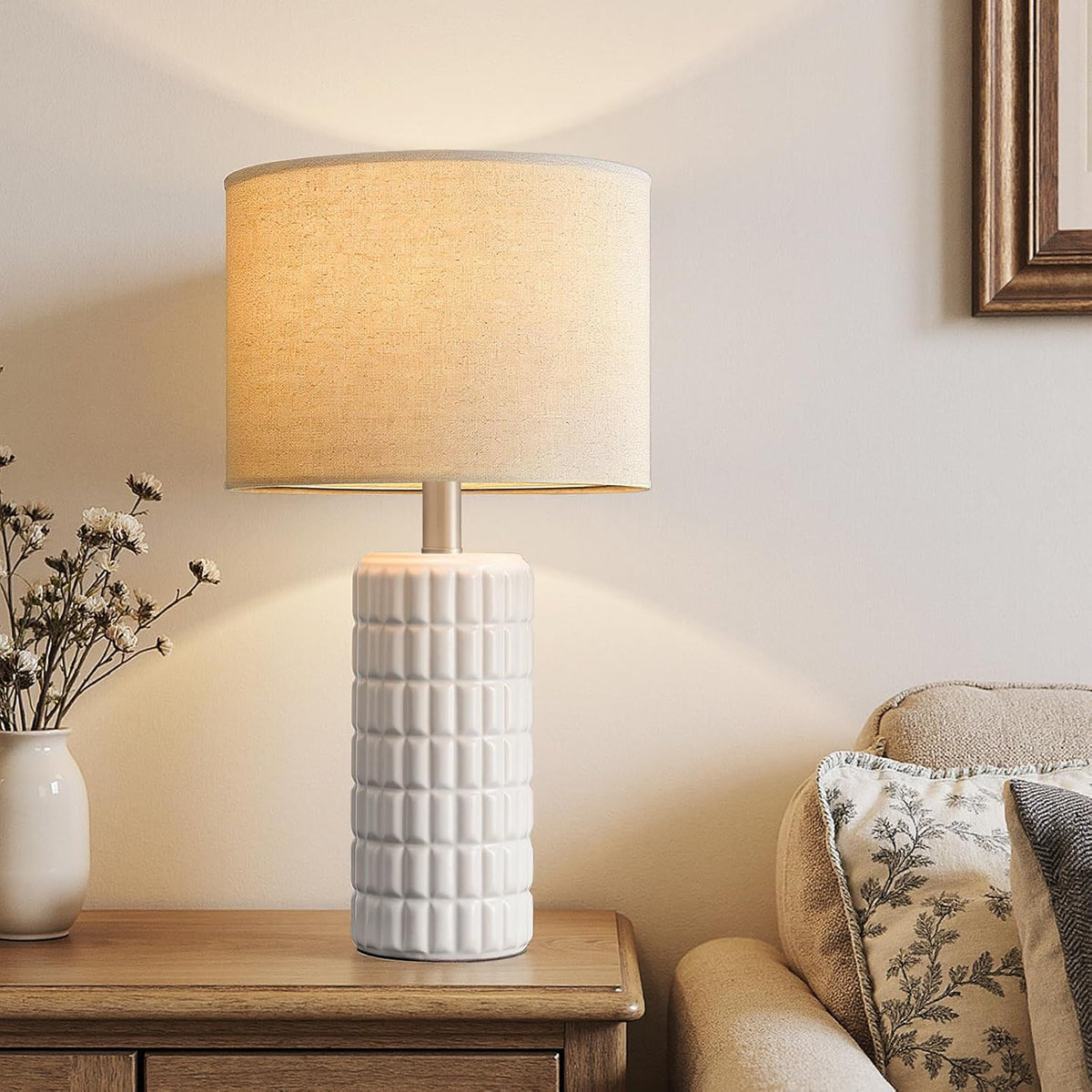 Seealle 23" Modern Ceramic Table Lamps Set of 2, Lamps for Bedroom, White