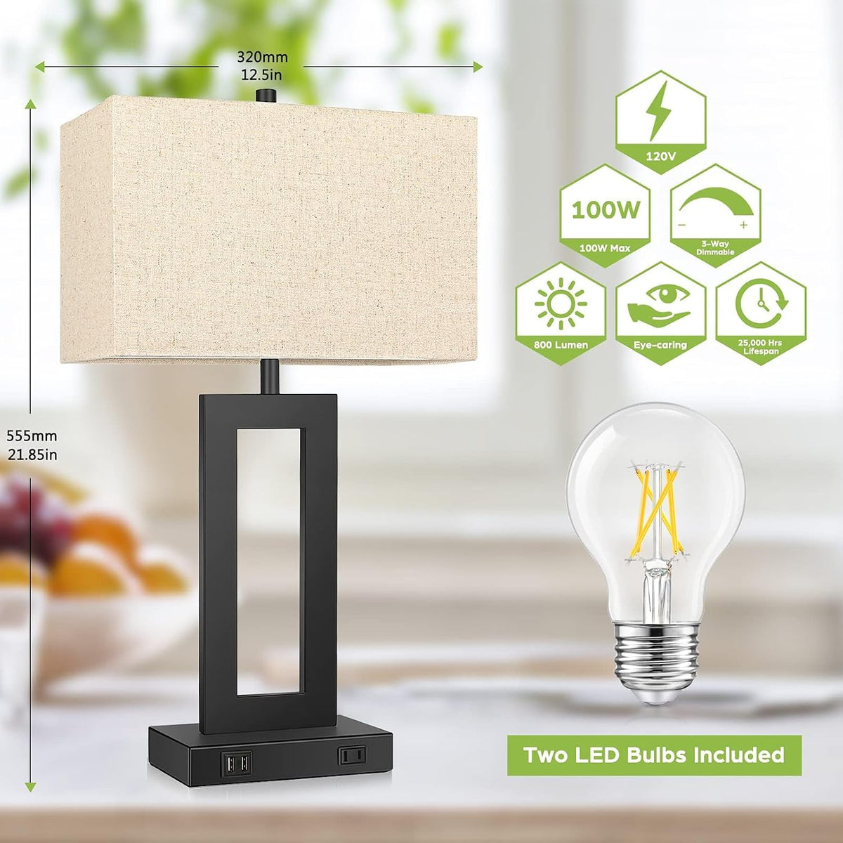 TOBUSA 22" Table Lamp Set of 2, Modern Nightstand Lamp with 2 USB Ports