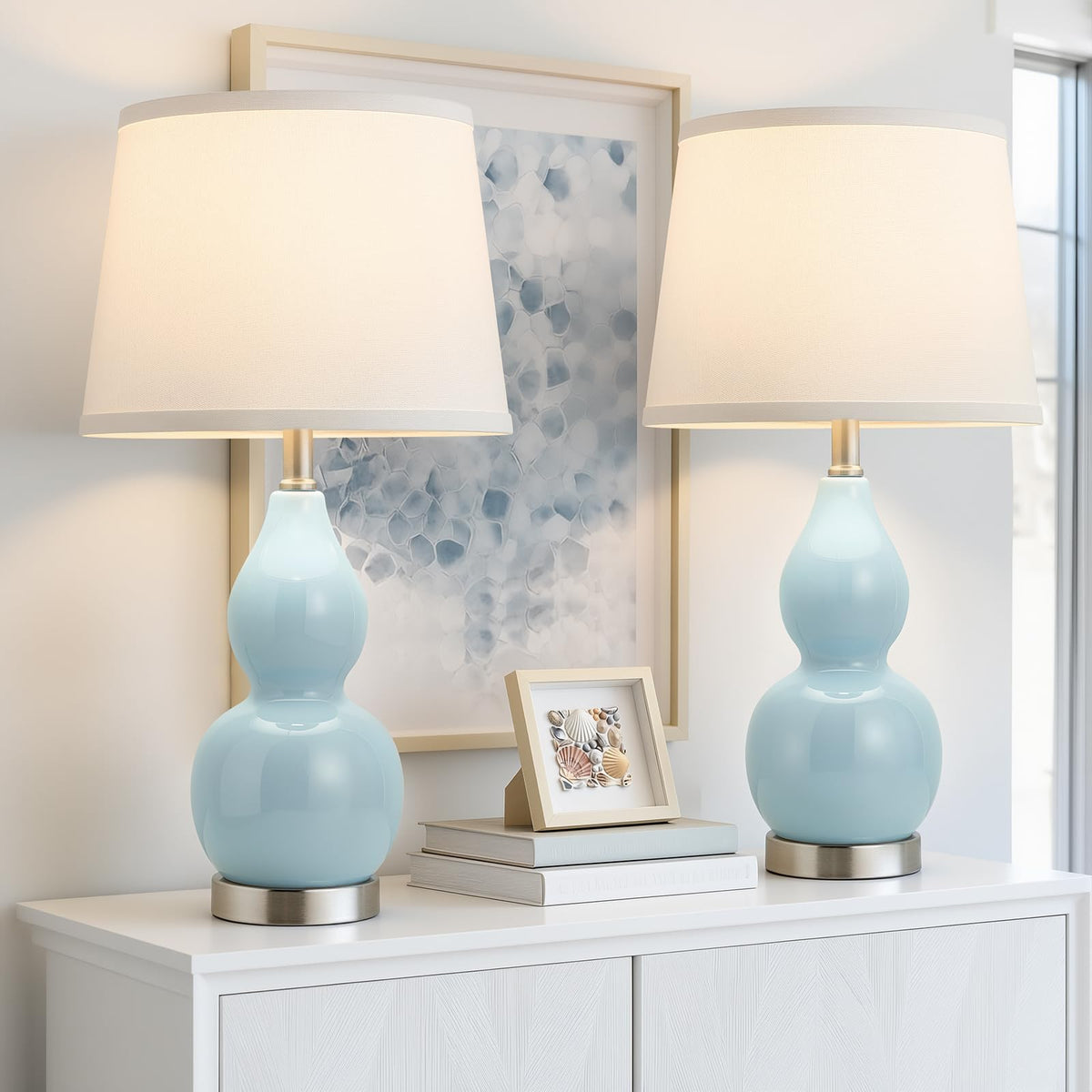 GyroVu 18" Table Lamp Set of 2, Ceramic Table Lamp Classic Beside Lamps Nightstand Lamp Modern Lamp for Living Room, Bedroom & Office Rocker Switch Sage Green-LED Bulbs Included