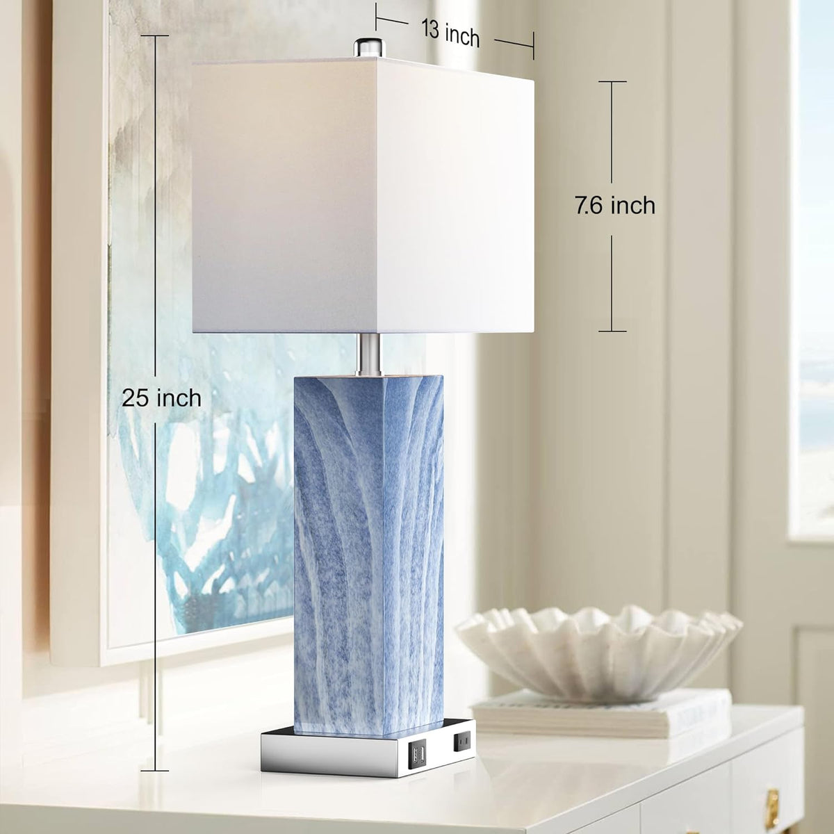 Touch Control Table Lamps with White Fabric Shade Set of 2, 3-Way Dimmable Modern Ceramic Blue Nightstand Bedside Lamp with 2 USB Ports 1 AC Outlet for Living Room, Bedroom (LED Bulbs Included)