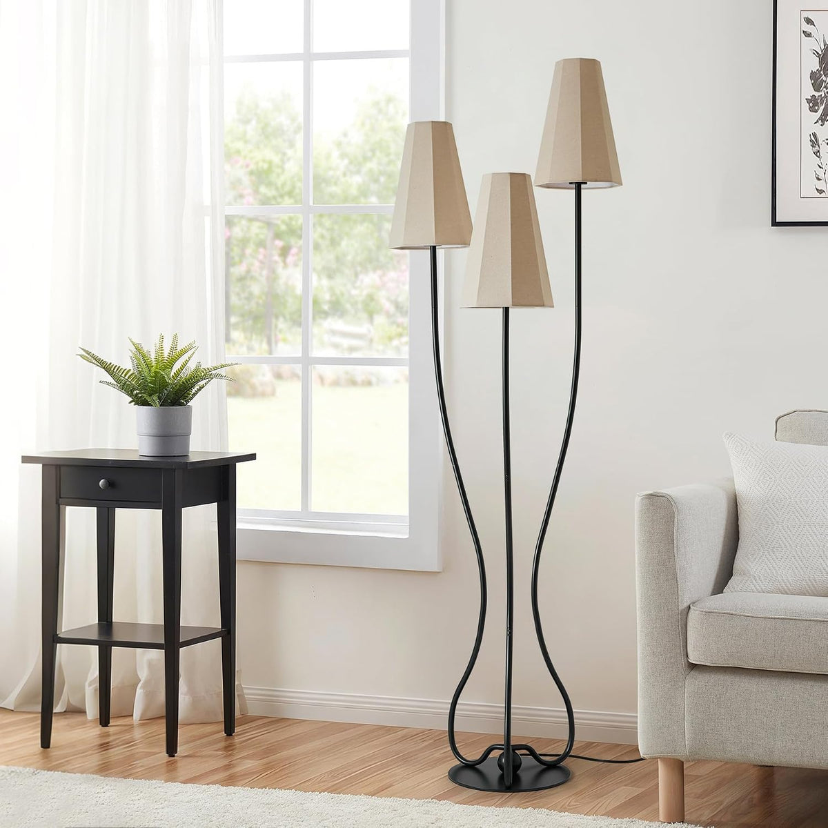 ZenGlimmer Artistic Vintage Floor Lamp, 3-Light Standing Lamps with Sculptural Curved Iron Base & Octagonal Linen Shades, Statement Lighting for Living Room, Bedroom, Studio