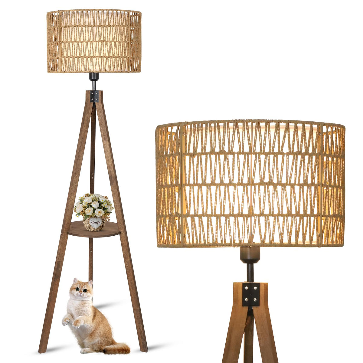 LAMSU Boho Tripod Floor Lamps for Living Room, Rattan Wood Floor Lamp with Fabric Shades, Mid Century Standing Lamp with Shelf, Foot Switch, Modern Farmhouse Tall Lamps for Bedroom Office Brown