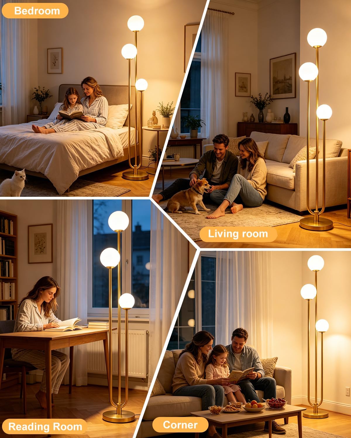 Lightdot 63IN Gold Floor Lamp Dimmable 3-Lights Globe LED Floor Lamps with 3000K Soft Warm White for Wedding/Party Tall Lamp with 5Lbs Heavy Base for Living Room/Bedroom/Sofa Beside/Corner Decor
