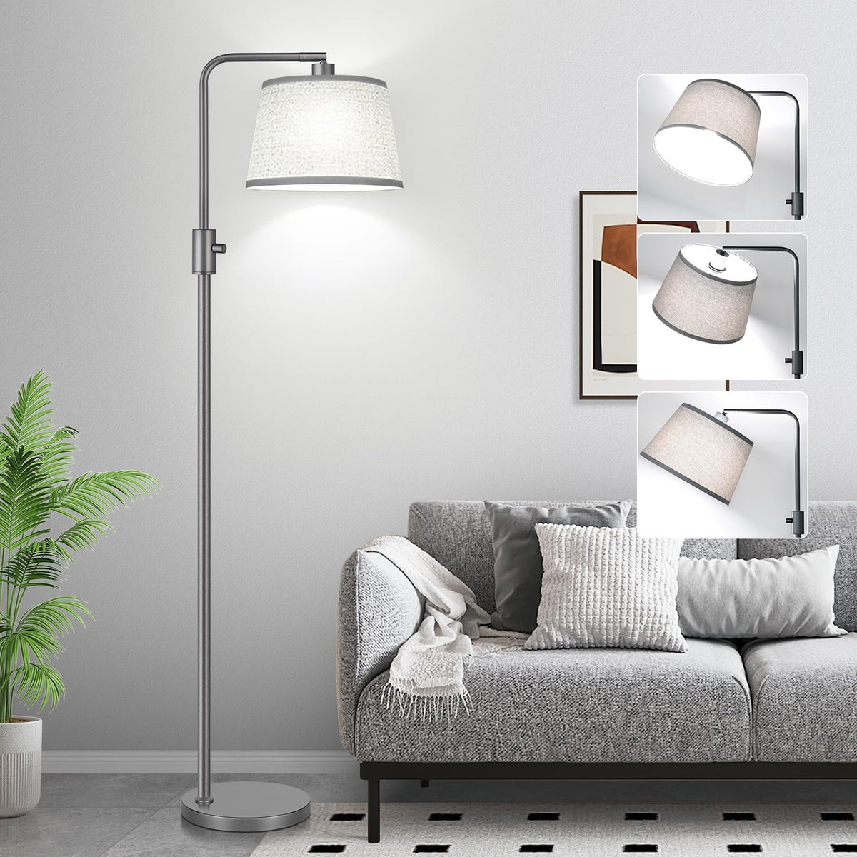 Nintiue 【Upgraded】 Dimmable Floor Lamp, 1000 Lumens LED Bulb Included, Arc Floor Lamps for Living Room Modern Standing Lamp with Linen Shade, Tall Lamp for Bedroom Office Reading Dining Room- Black