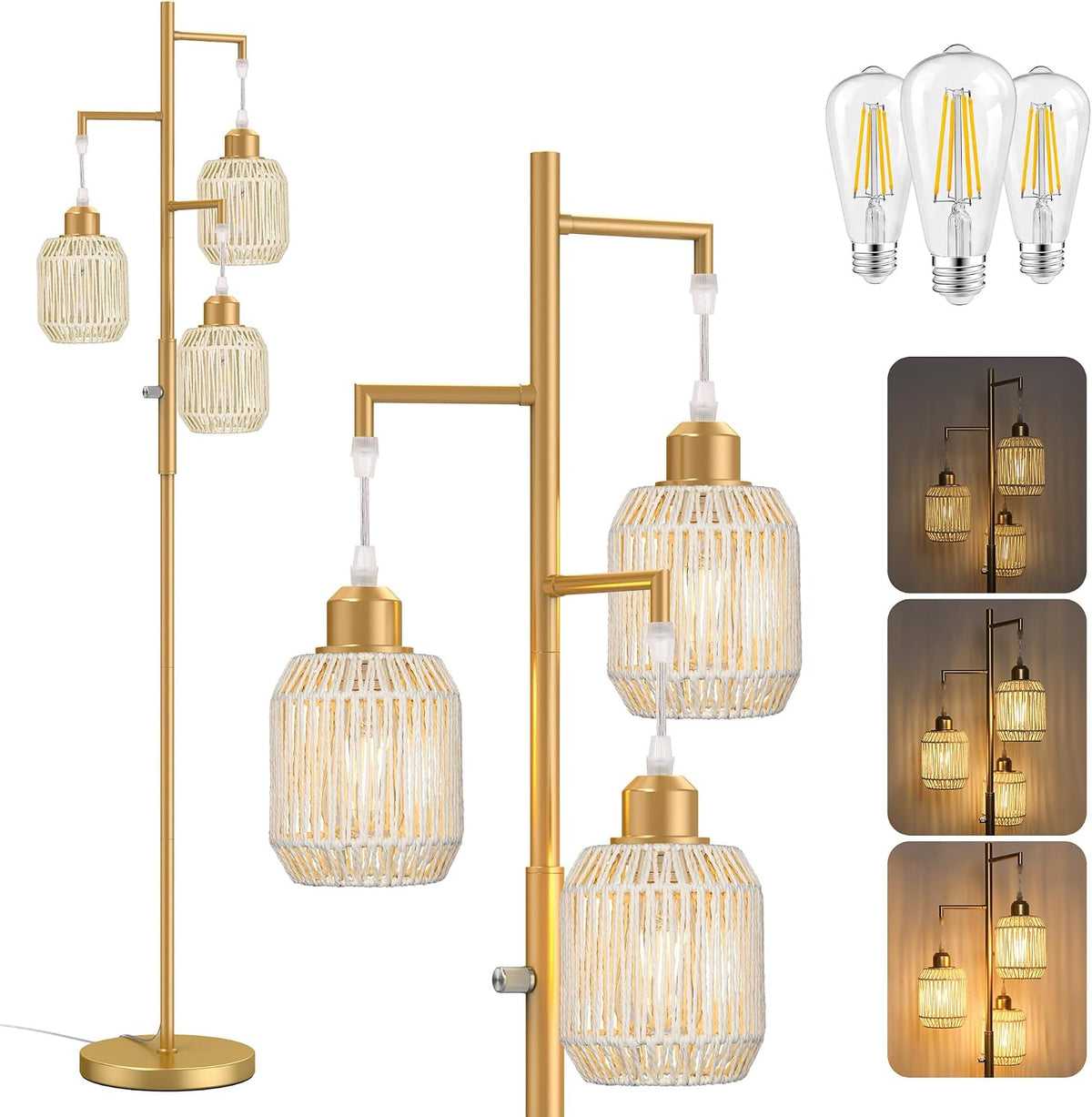 ROTTOGOON Dimmable Boho Floor Lamp - 3 Light Farmhouse Rattan Floor Lamp for Living Room, Industrial Tree Floor Lamps with 3 X 6W LED Bulbs, Rustic Standing Tall Lamp for Bedroom, Office, 68", Black
