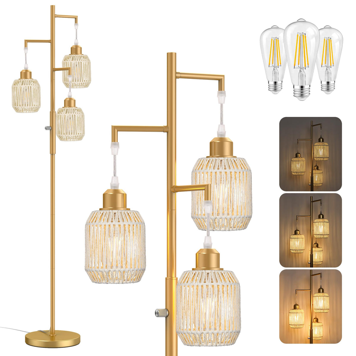 ROTTOGOON Dimmable Boho Floor Lamp - 3 Light Farmhouse Rattan Floor Lamp for Living Room, Industrial Tree Floor Lamps with 3 X 6W LED Bulbs, Rustic Standing Tall Lamp for Bedroom, Office, 68", Black