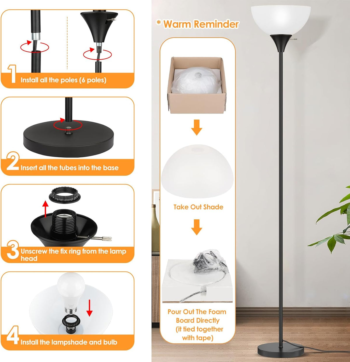 Coucrek Floor Lamp, LED Standing Lamps with White Plastic Shade, Black Modern Torchiere Floor Lamp, Tall Lamps for Living Room Dorm, Bulb not Included