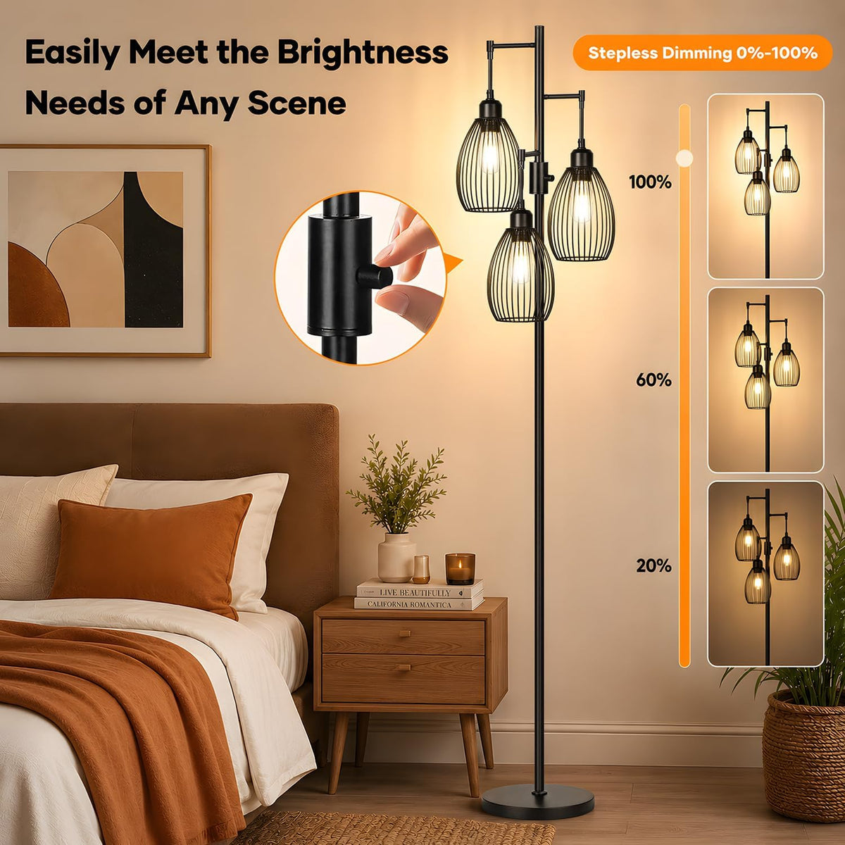 Dimmable Floor Lamp, 3 x 800LM LED Edison Bulbs Included, Farmhouse Industrial Floor Lamp Standing Tree Lamp with Elegant Teardrop Cage Tall Lamps for Living Room Bedroom Office Dining Room-Black
