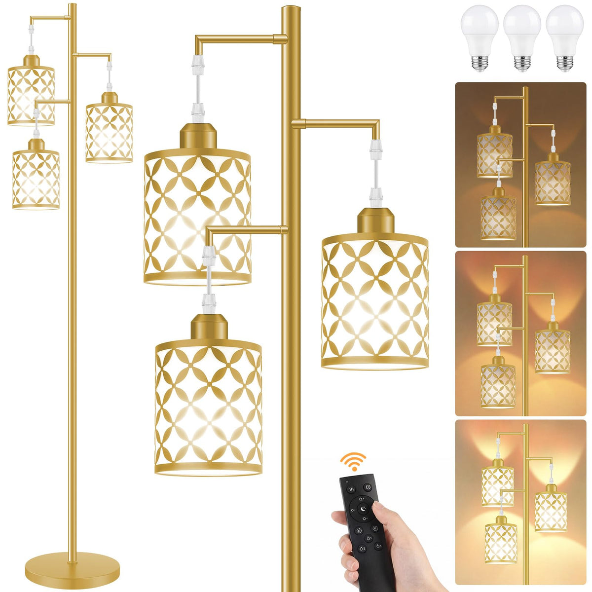 68" Industrial Tree Floor Lamp, Dimmable Farmhouse Tall Standing Lamp with Quatrefoil Cutout Shades & Rotary Dimmer Knob, Corner Light for Living Room Bedroom, 3 x800LM Bulbs Included-Black