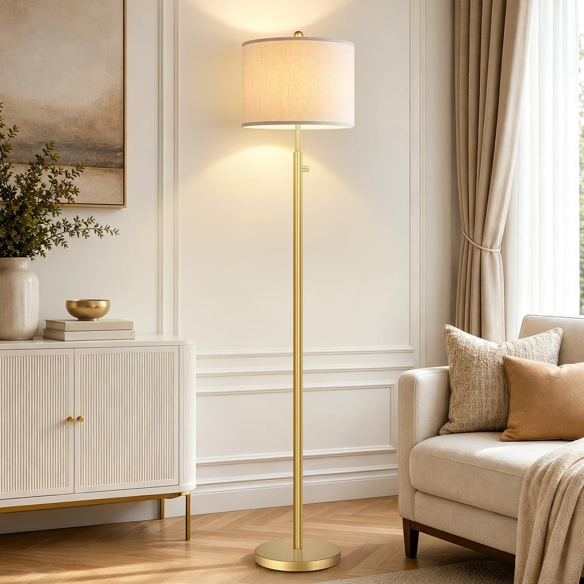 Nintiue Dimmable Gold Floor Lamp, Turkish Marble Base, White Linen Shade