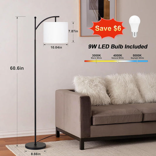 Ambimall 60" Floor Lamp with 3 Color Temperatures, Adjustable White Shade, Black Pole - Tall Lamp for Living Room, Bedroom, Office, Classroom, Dorm - 9W Bulb Included