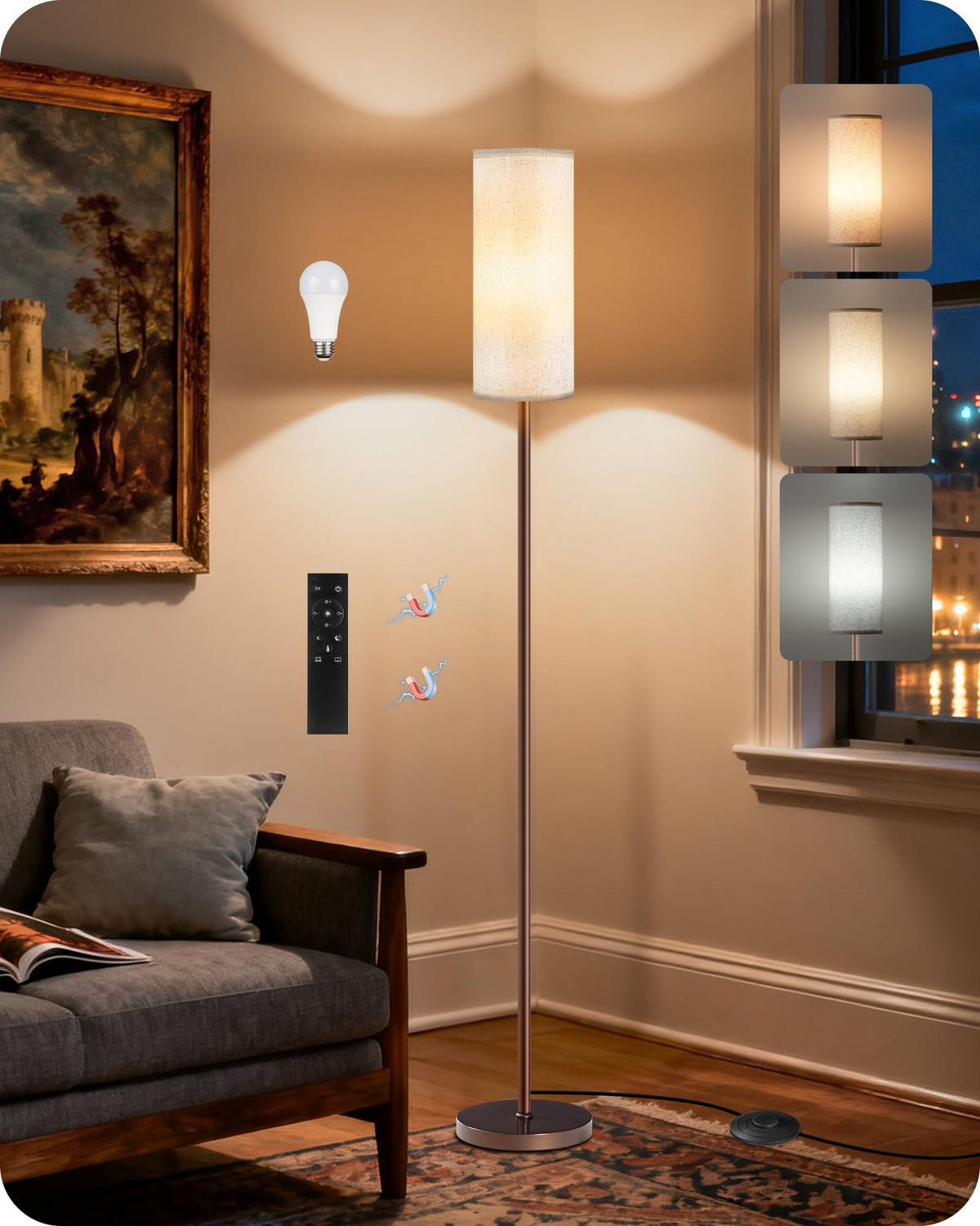 64.4” Slim Floor Lamp for Living Room with Magnetic Remote and Foot Switch, Dimmable Standing Tall Lamp Mood for Bedroom Nursery, 3 Color Temperatures, 1-Hour Timer,900LM Bulb Included,Beige E06LD05W1