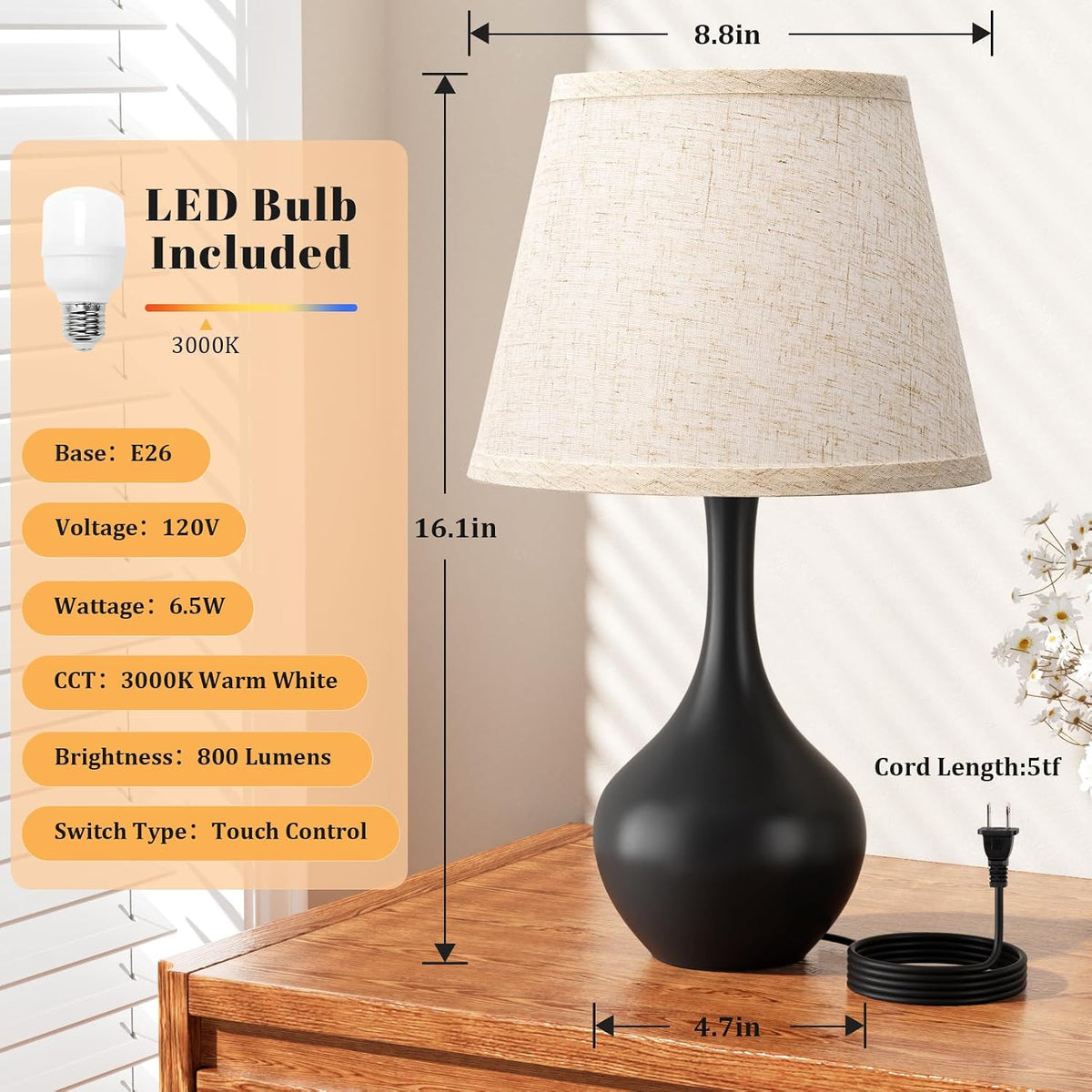 16.1" Touch Table Lamp for Nightstand, 3 Way Dimmable Small Bedroom Lamp