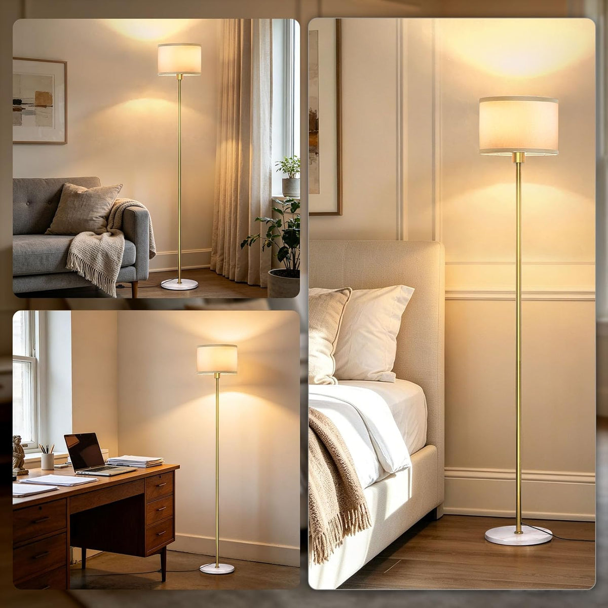 63" Gold Floor Lamp for Living Room, Standing Lamp with Marble Base