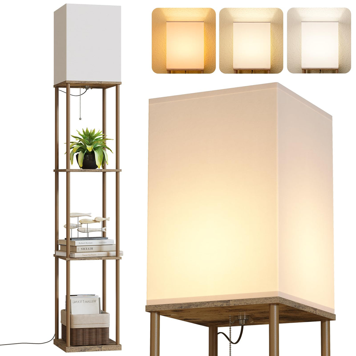 SUNMORY Floor Lamp with Shelves, Standing Lamps for Living Room, Black