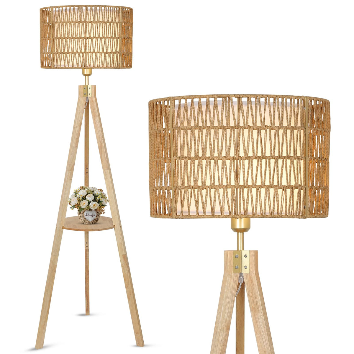 LAMSU Boho Tripod Floor Lamps for Living Room, Rattan Wood Floor Lamp with Fabric Shades, Mid Century Standing Lamp with Shelf, Foot Switch, Modern Farmhouse Tall Lamps for Bedroom Office Brown
