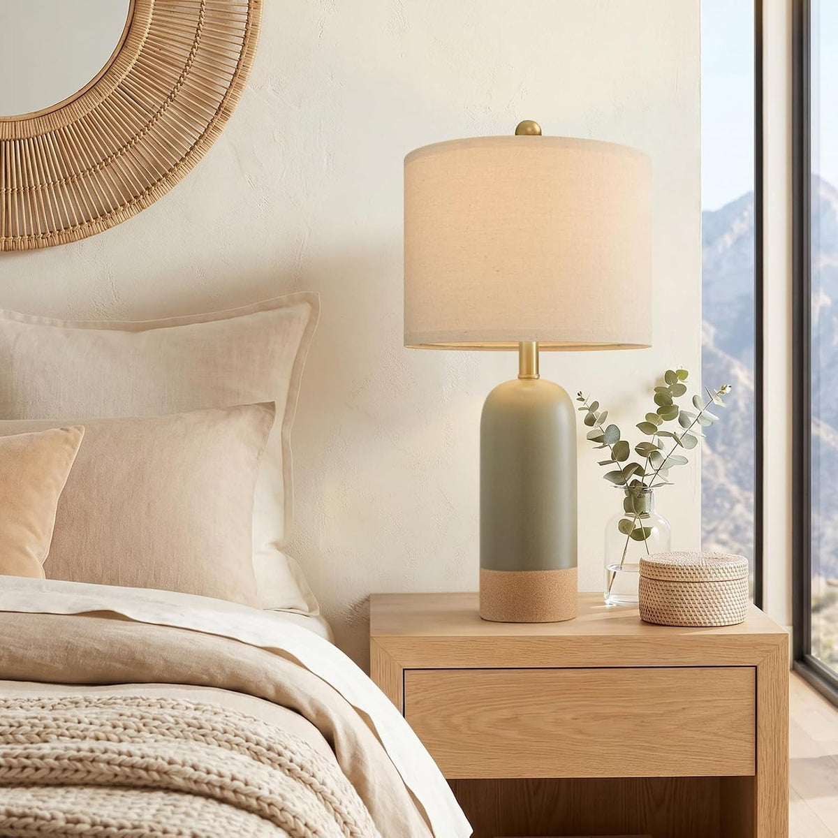 PoKat 24'' Hand-Textured Green Table Lamps, Farmhouse Bedside Lamp Set of 2