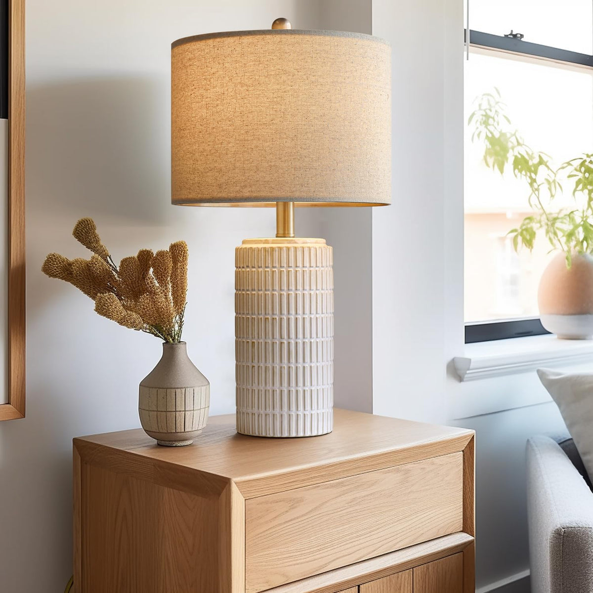 PoKat 23" Modern Ceramic Table Lamp Set of 2 for Living Room Bedroom, White