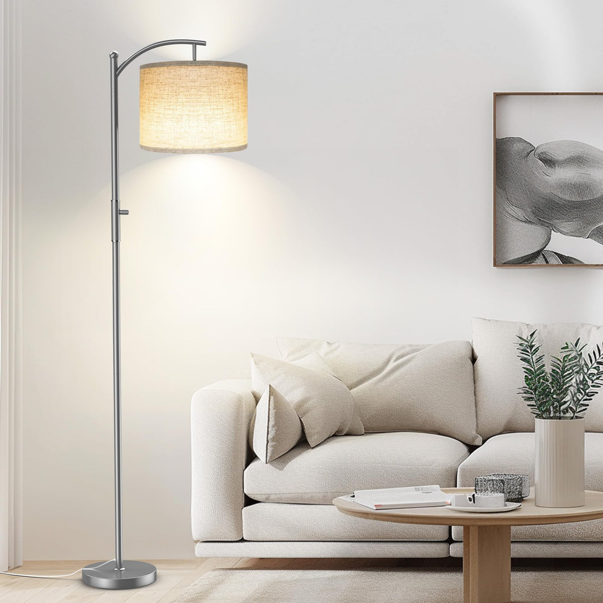 ROTTOGOON Dimmable Floor Lamp, Arc Floor Lamps for Living Room, Stepless Dimming Modern Standing Lamp with Linen Shade, Tall Lamp for Bedroom Office Dining Room- Black
