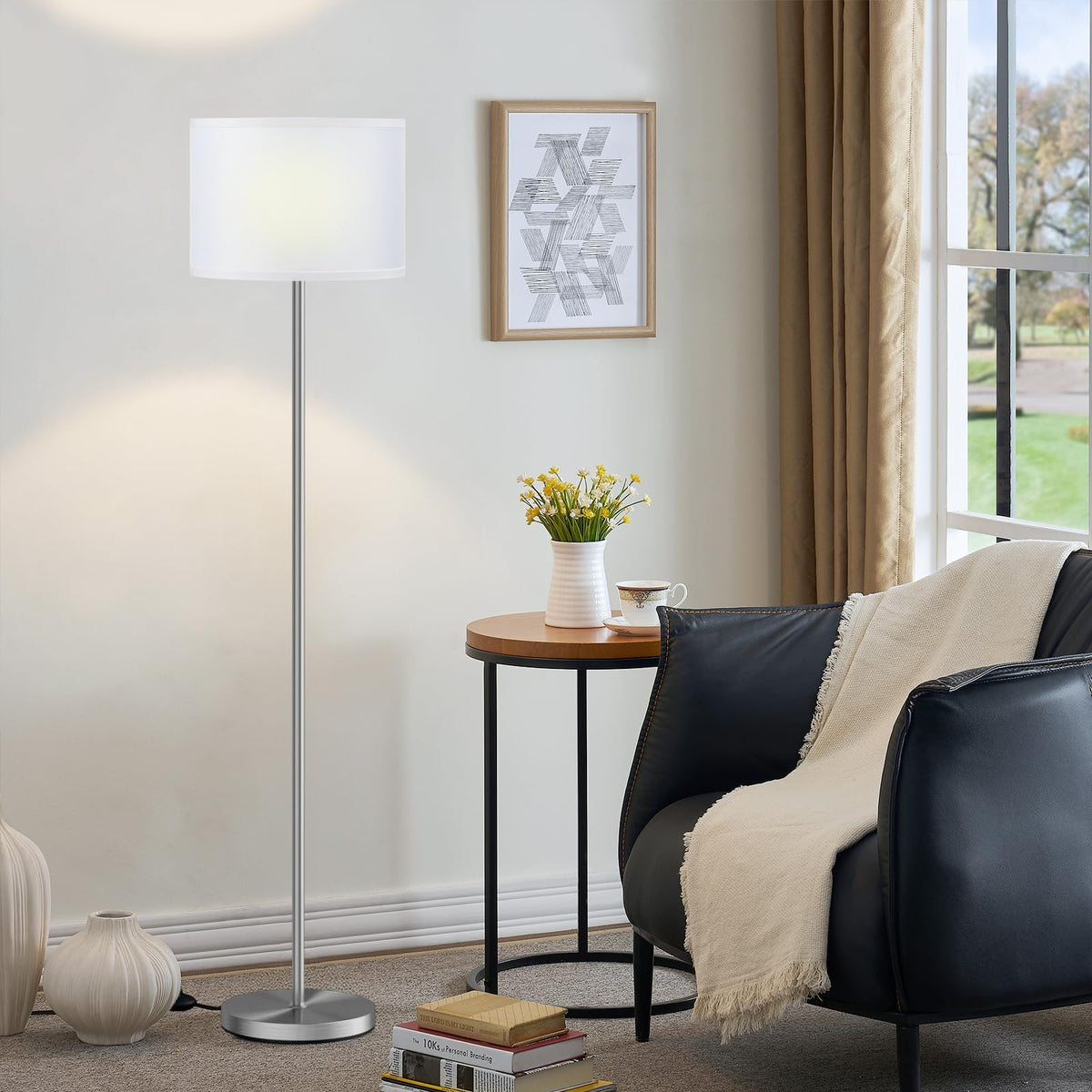 Ambimall 60'' Modern Floor Lamp with Shade, Tall Lamps for Living Room, Bedroom, Office, Dining Room, Beige Shade with Brown Pole(Without Bulb)