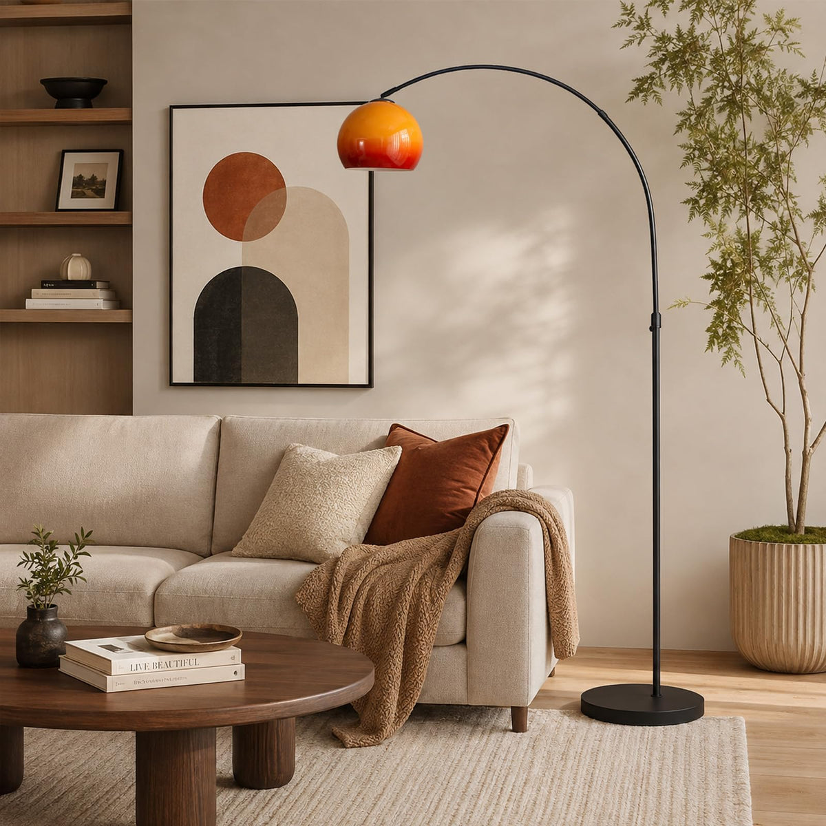 Orange Arc Floor Lamps for Living Room,Mid Century Modern,Marble Base