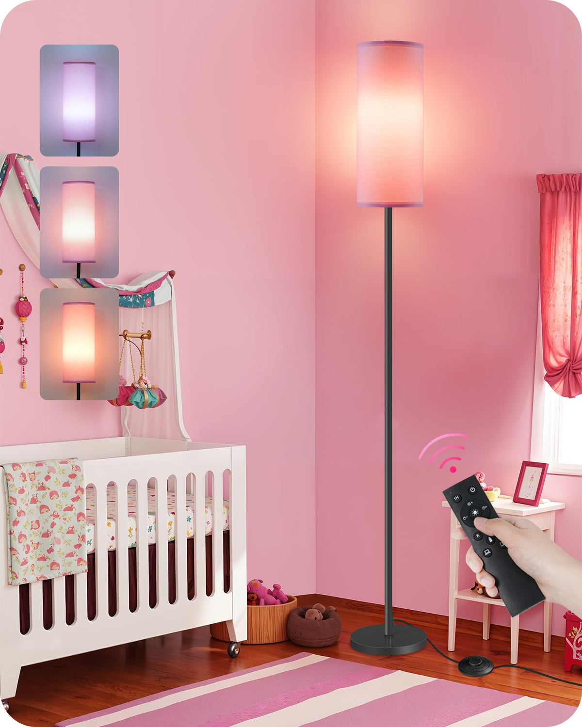 64.4” Slim Floor Lamp for Living Room with Magnetic Remote and Foot Switch, Dimmable Standing Tall Lamp Mood for Bedroom Nursery, 3 Color Temperatures, 1-Hour Timer,900LM Bulb Included,Beige E06LD05W1