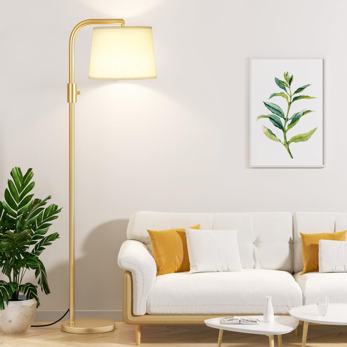 Ambimall Arc Floor Lamp for Living Room with Rotary Switch, Linen Shade