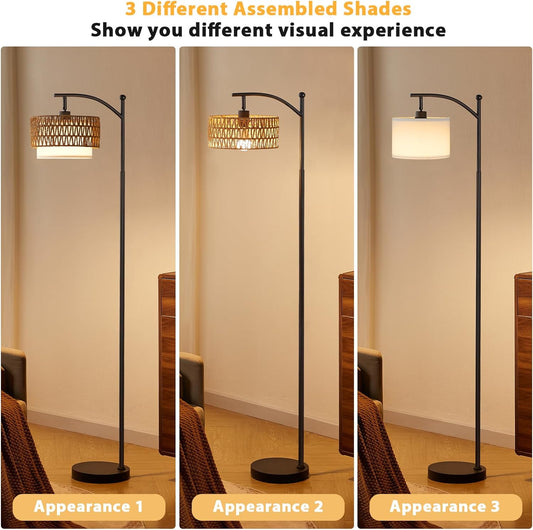 Ambimall Arc Floor Lamp with Remote & Rattan Double Shades, Black Rustic