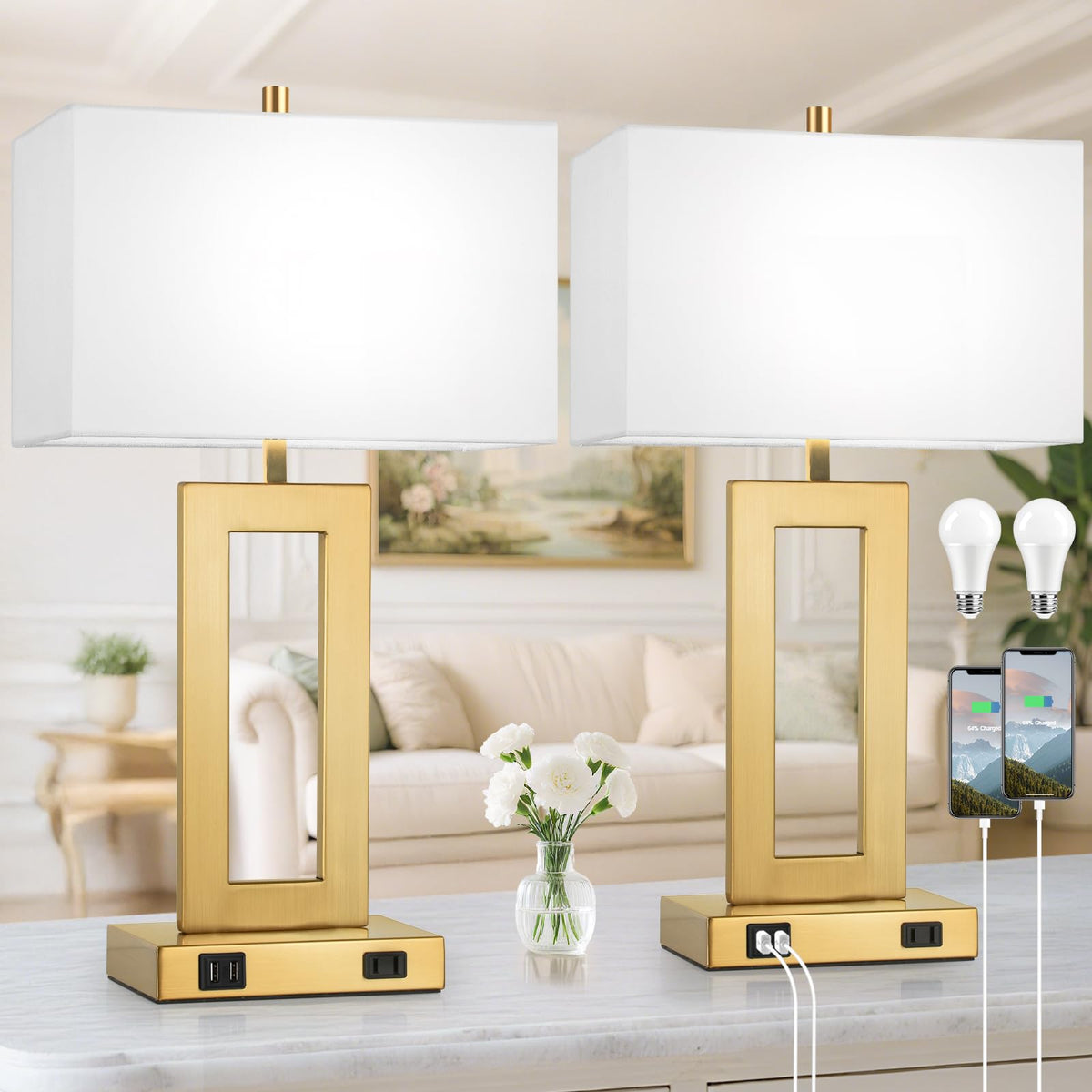 TOBUSA 22" Table Lamp Set of 2, Modern Nightstand Lamp with 2 USB Ports