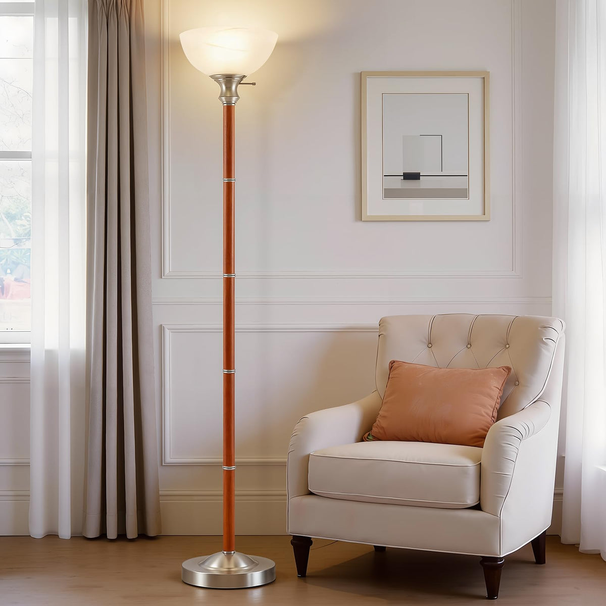 EJIAXIN 72" Wood Torchiere Floor Lamp with Glass Shade Walnut Standing Lamp