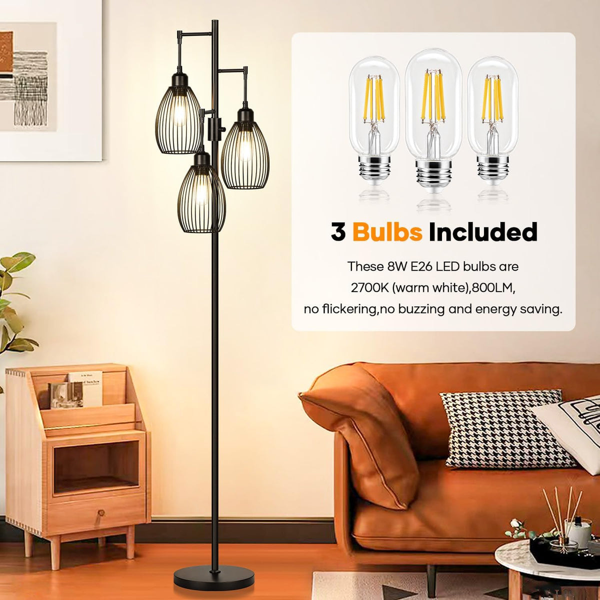 Dimmable Floor Lamp, 3 x 800LM LED Edison Bulbs Included, Farmhouse Industrial Floor Lamp Standing Tree Lamp with Elegant Teardrop Cage Tall Lamps for Living Room Bedroom Office Dining Room-Black