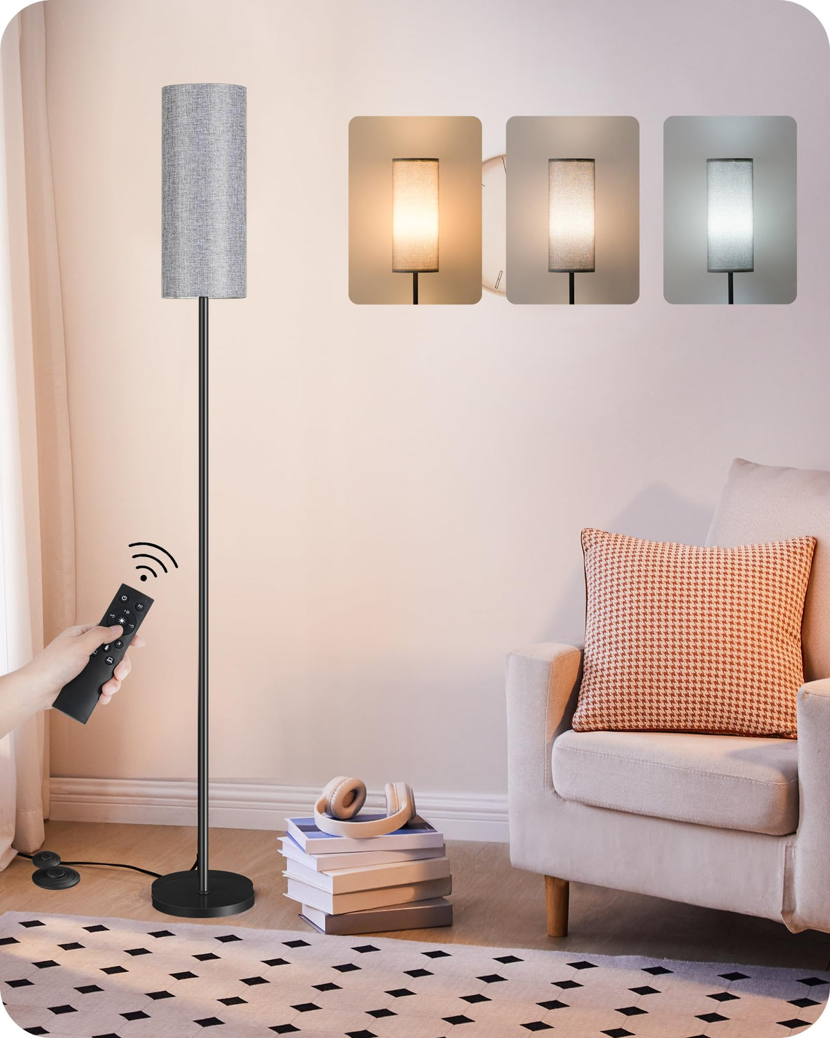 64.4” Slim Floor Lamp for Living Room with Magnetic Remote and Foot Switch, Dimmable Standing Tall Lamp Mood for Bedroom Nursery, 3 Color Temperatures, 1-Hour Timer,900LM Bulb Included,Beige E06LD05W1