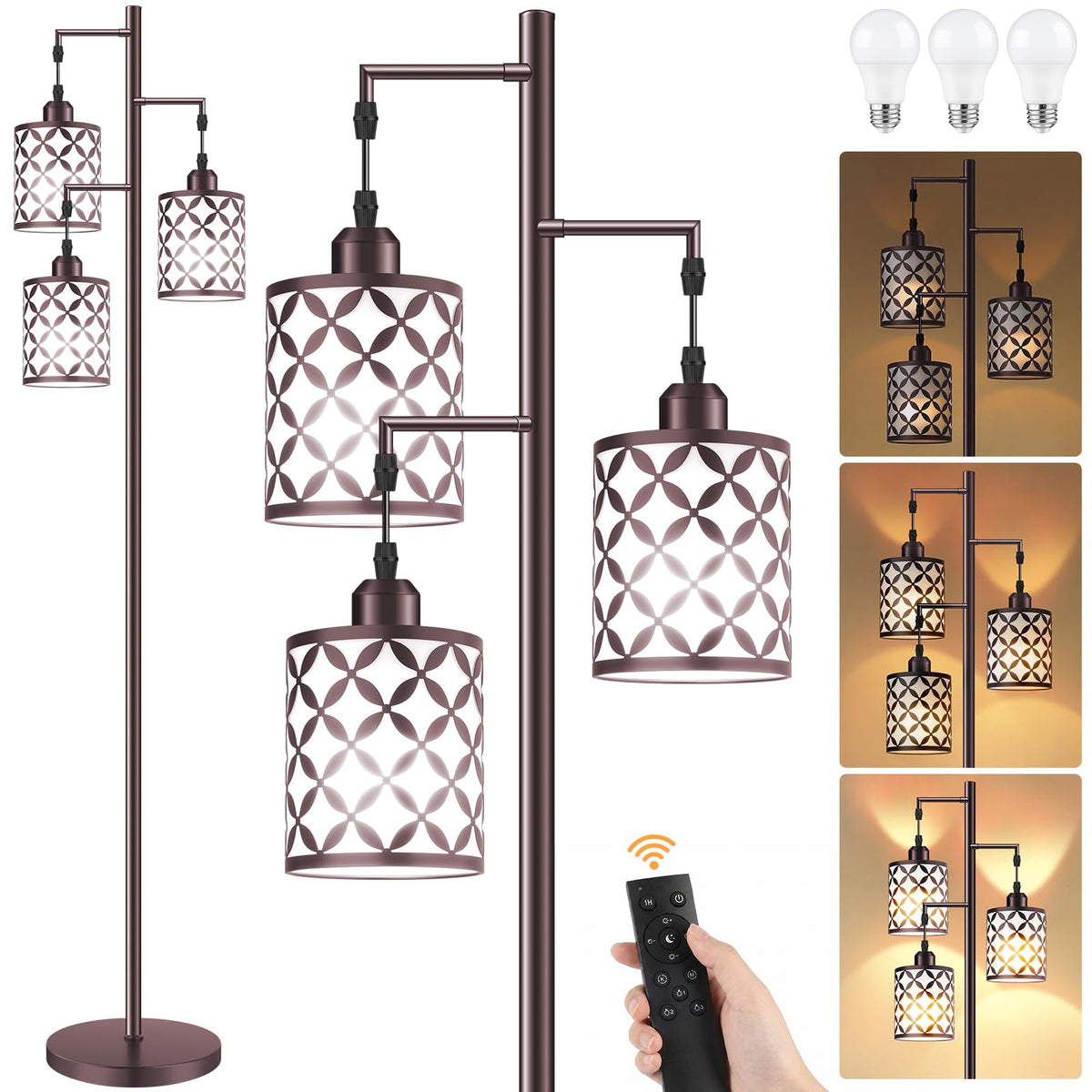 68" Industrial Tree Floor Lamp, Dimmable Farmhouse Tall Standing Lamp with Quatrefoil Cutout Shades & Rotary Dimmer Knob, Corner Light for Living Room Bedroom, 3 x800LM Bulbs Included-Black