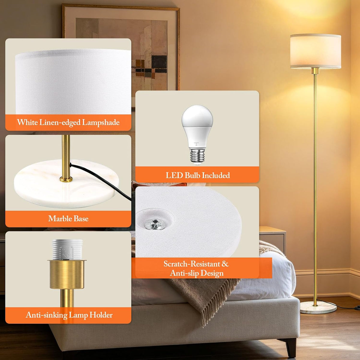 63" Gold Floor Lamp for Living Room, Standing Lamp with Marble Base
