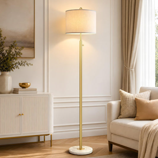 Nintiue Dimmable Gold Floor Lamp, Turkish Marble Base, White Linen Shade