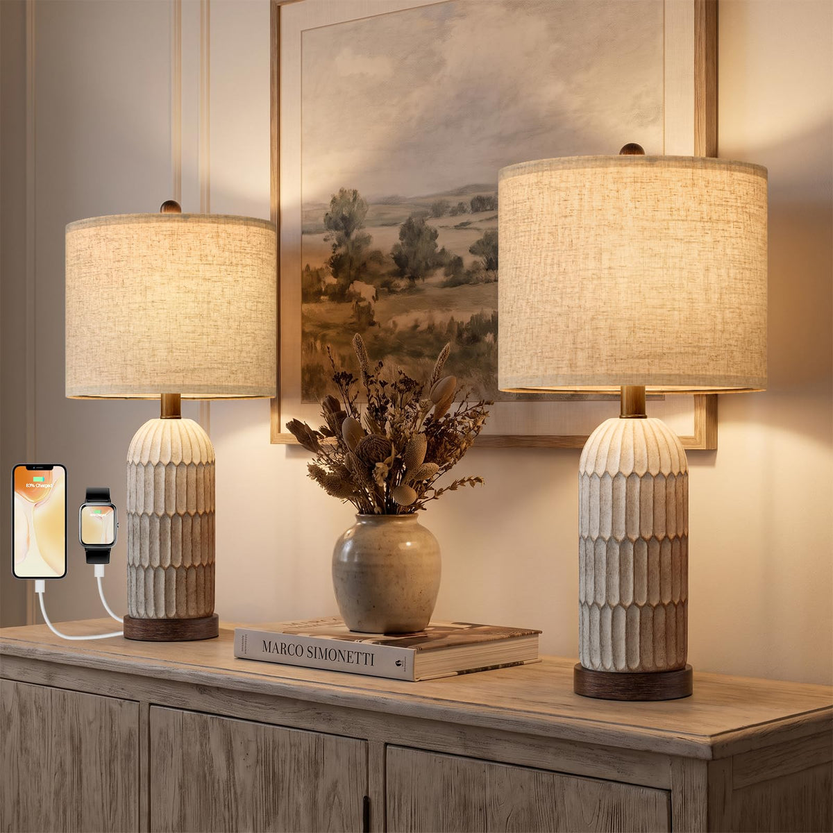 OYEARS 22" Bedside Table Lamps Set of 2, Farmhouse Lamp with USB A+C,Brown