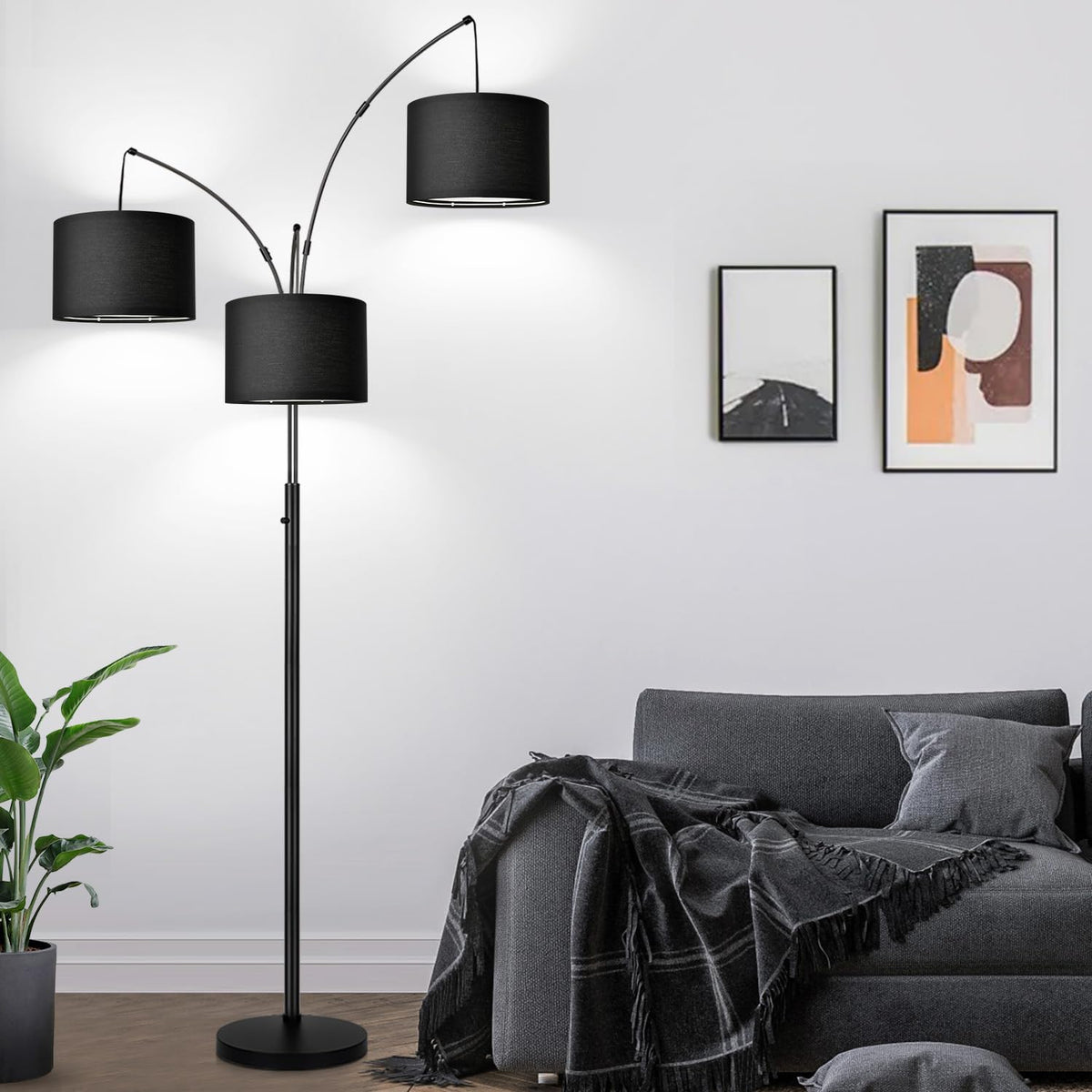 Dimmable 3 Lights Floor Lamp - 3000LM Super Bright Arc Floor Lamps for Living Room, Modern Tall Standing Lamp With Beige Shades, Mid Century Tree Floor Lamp for Bedroom Office, 3 LED Bulbs Included