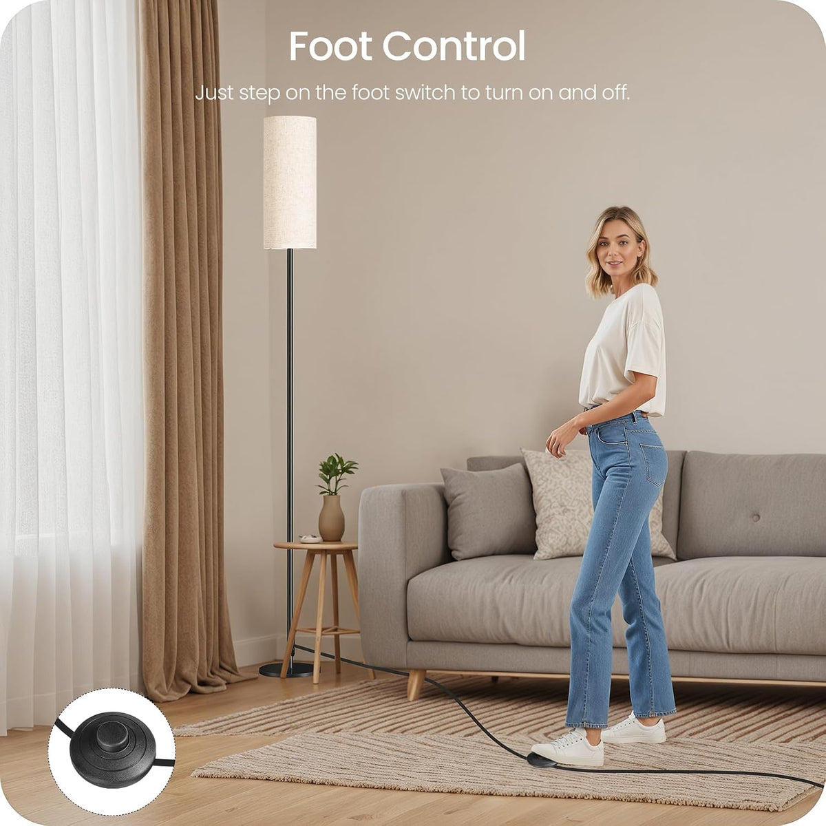 64.4” Slim Floor Lamp for Living Room with Magnetic Remote and Foot Switch, Dimmable Standing Tall Lamp Mood for Bedroom Nursery, 3 Color Temperatures, 1-Hour Timer,900LM Bulb Included,Beige E06LD05W1