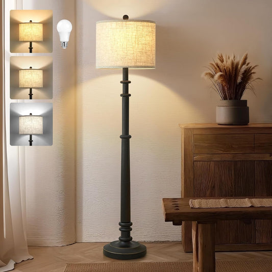 EJIAXIN Floor Lamps for Living Room - 60" Farmhouse Floor Lamp with Adjustable Color Temperatures - Vintage Standing Lamp Reading Light with Linen Shade Retro Tall Lamp for Bedroom Office, Black