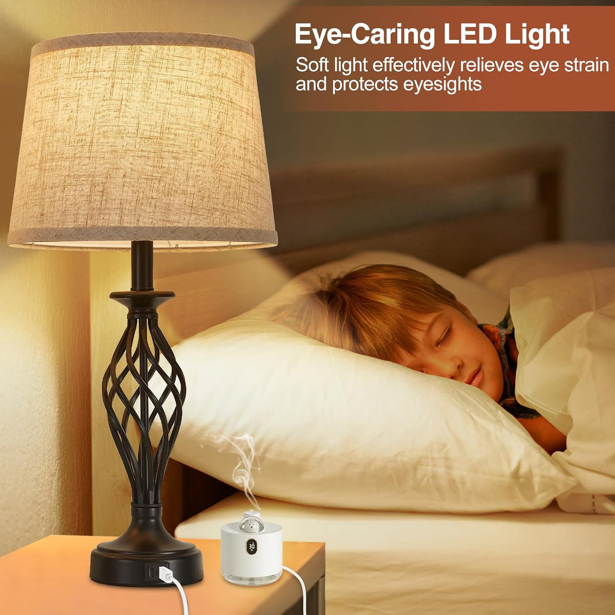 Table Lamp for Bedroom Set of 2 with USB C+A Ports,Modern Night Stand Lamps